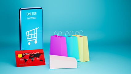 3D rendering. Many paper bag and credit card and smart phone on blue background.
