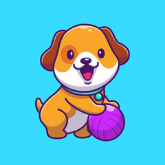 Cute Dog Playing Ball Vector Icon Illustration. Puppy Dog Mascot Cartoon Character. Animal Icon Concept White Isolated. Flat Cartoon Style Suitable for Web Landing Page, Banner, Flyer, Sticker, Card