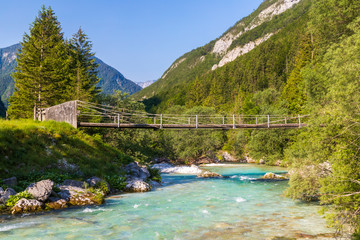 Rope bridge on the river Soca, Triglavski national park, Slovenia