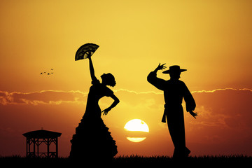 flamenco at sunset - obrazy, fototapety, plakaty