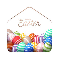 Colorful Happy Home Easter 2020 Card with Funny Vector Minimalist Icon. staying at home badge in Quarantine. COVID-19 Reaction.