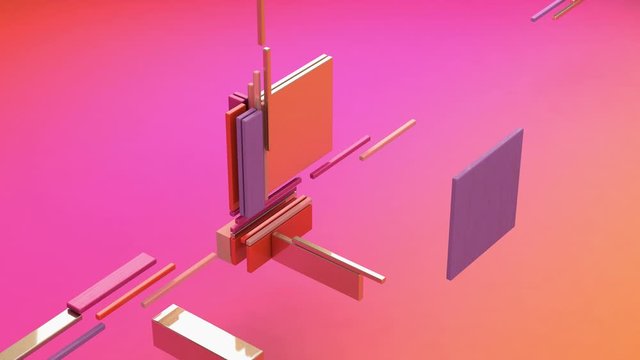 Broken cube. Glass, metallic, plastic rectangles. Abstract animation, 3d render.