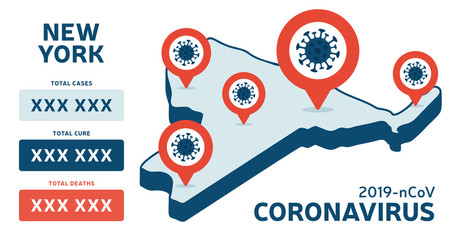 Covid-19 New York state USA isometric map confirmed cases, cure, deaths report. Coronavirus disease 2019 situation update worldwide. America Maps and news headline show situation and stats background