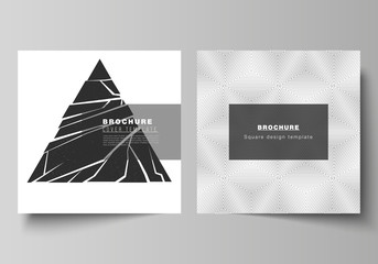 Minimal vector illustration layout of two square format covers design templates for brochure, flyer, magazine. Abstract geometric triangle design background using different triangular style patterns.