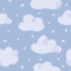 Cute cloud sky seamless pattern on blue background. Hand drawn night cloud sky wallpaper.