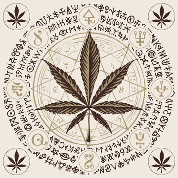 Vector banner for Legalize marijuana with cannabis leaf, octagonal star, esoteric signs and magic runes written in a circle. Natural product made from organic hemp. Smoking weed