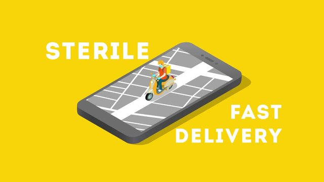 fast delivery by motorcycle isometric; the motorcycle is driving along the map in the phone on the yellow background; sterile delivery during quarantine