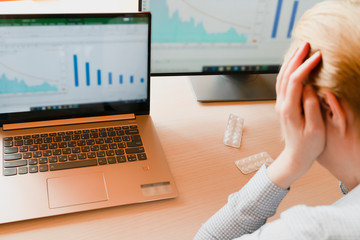 Medical products help woman to survive stress because of economic crisis and financial losses.