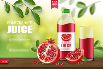 Pomegranate realistic, pomegranate juice package vector