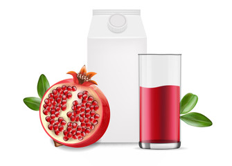 Pomegranate juice realistic, package white background vector