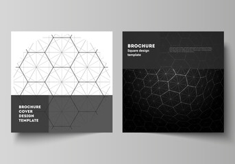 Vector layout of two square format covers design templates for brochure, flyer. Digital technology and big data concept with hexagons, connecting dots and lines, polygonal science medical background.