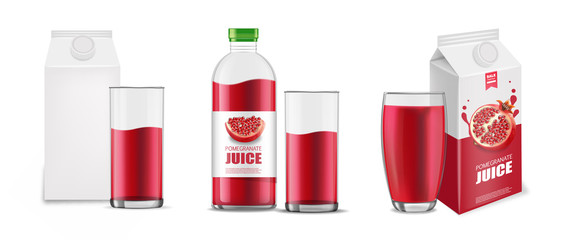 Pomegranate juice realistic set, package white background vector