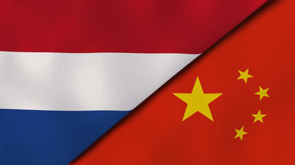 The flags of Netherlands and China. News, reportage, business background. 3d illustration