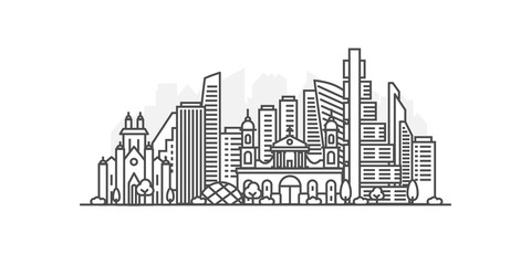 Obraz premium Pejzaż miejski Budynek Grafika liniowa wektor Ilustracja projekt - miasto Bogota, Kolumbia. Krajobraz z edytowalnymi obrysami.