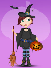 illustration of girl with Halloween masks