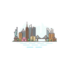 New York city, USA architecture color line skyline illustration. Linear vector cityscape with famous landmarks, city sights, design icons. Landscape on white background.