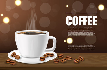Coffee banner realistic, black coffee cup and coffee beans, white cup realistic, hot drink