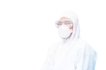 man in protective PPE suit wearing medical mask and eyeglasses