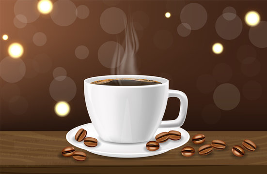 Coffee banner realistic, black coffee cup and coffee beans, white cup realistic, hot drink