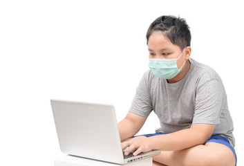 Obese boy student wear surgical mask study online isolated