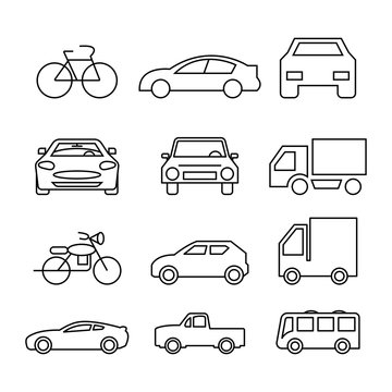 thin line icons set,transportation,car front,bicycle,motorcycle,pickup truck,truck,bus,vector illustrations