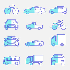 flat icons set,transportation,car front,bicycle,motorcycle,pickup truck,truck,bus,vector illustrations