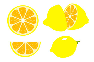 Set of lemons. Vector whole and sliced lemon on white background.