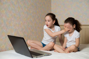 Little girl protects his sister from watching inappropriate content while using a computer....