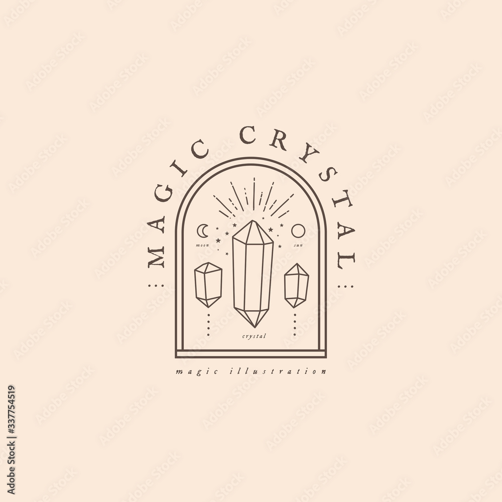 Poster logo template with magic shining quartz crystals in a trendy linear style. minimalistic emblem for p