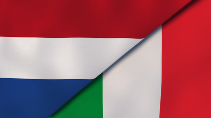 The flags of Netherlands and Italy. News, reportage, business background. 3d illustration