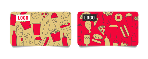 Discount cards or voucher layout for fast food restaurant or delivery service with trendy pattern of line icon illustrations of food and drinks