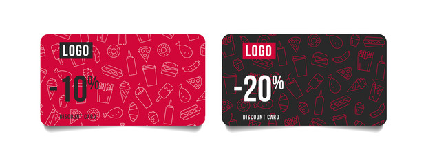 Discount cards or voucher layout with loyalty interest for fast food restaurant or delivery service with pattern of line icon of food and drinks