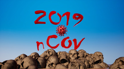 3d illustration of 2019 nCoV coronavirus over a mountain of skulls.
