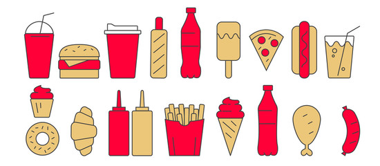 Fast food and drinks linear illustrations, menu items isolated, simple line graphic element in red and mustard yellow colors