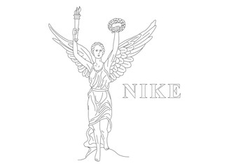 Isolated vector line illustration of antique goddess with angel wings. Nike or Hebe holding torch with fire and wreath - obrazy, fototapety, plakaty
