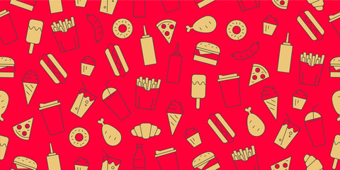 Seamless pattern with fast food and drinks wrapping paper in red and mustard yellow colors