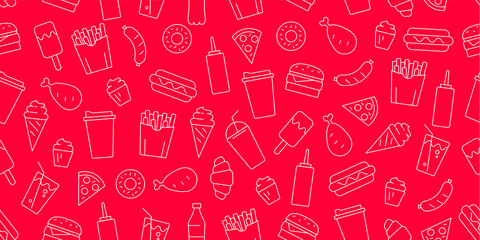 Seamless pattern with fast food and drinks icon texture, thin line graphic white outline on red backdrop, wrapping graphic