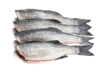 Raw whole headless seabass fish isolated on white
