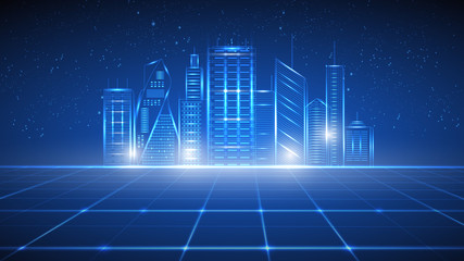 Vector illustration of an abstract metropolis, city with buildings and skyscrapers on a glowing background. EPS 10.