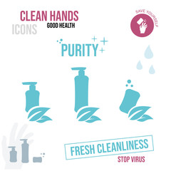 Icons of bottles and soap with leaves. The concept is fresh cleanliness