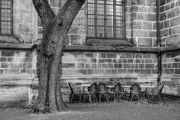 Sitzgruppe an einer Kirchenmauer unter einem Baum in Quedlinburg
