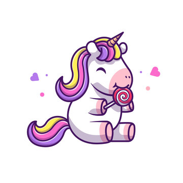 Cute Unicorn Eat Lollipop Vector Icon Illustration. Unicorn Mascot Cartoon Character. Animal Icon Concept White Isolated. Flat Cartoon Style Suitable for Web Landing Page, Banner, Flyer, Sticker, Card