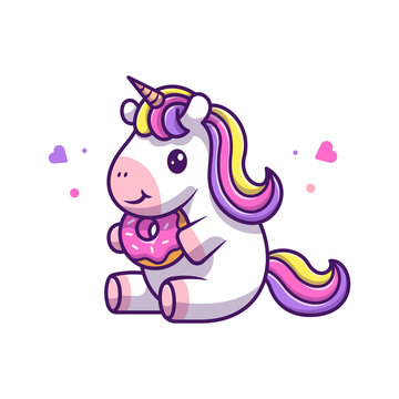 Cute Unicorn Eat Donut Vector Icon Illustration. Unicorn Mascot Cartoon Character. Animal Icon Concept White Isolated. Flat Cartoon Style Suitable for Web Landing Page, Banner, Flyer, Sticker, Card