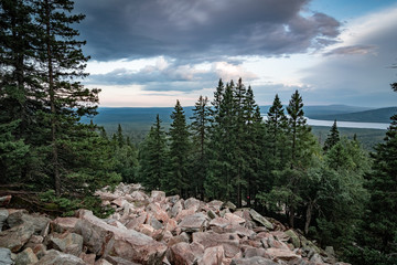View of the valley and forest from the rocky mountain