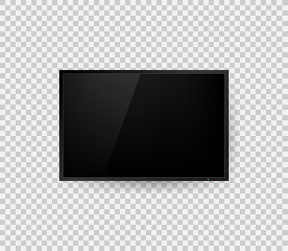 TV screen. Black flat led monitor of computer or TV isolated on a transparent background. lcd, plasma, panel for your design. Vector illustration.