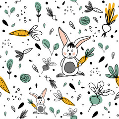 Seamless pattern. Cute cartoon white hare, harvesting. Vegetables - carrots, beets, onions. Autumn, summer. Great for postcards, stickers, fabric and textile. White isolated background. Vector