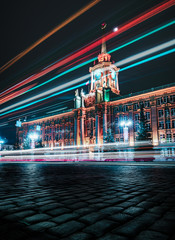 Light trails in front of Yekaterinburg City Administration at night