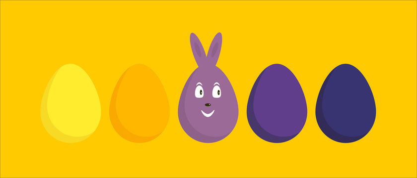 Banner with a set of colored Easter eggs with rabbit ears and a cheerful face. Yellow-blue color. Easter spring vector