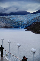 Panoramic view of Tempanos Glacier and ice field in the region of Los Glaciares in the Chilean...