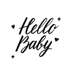 Hello, baby-hand drawn. Baby arrival celebration party handwritten phrase. A newborn, first-born child congratulates calligraphy with a Doodle drawing. Card, the inscription on the banner